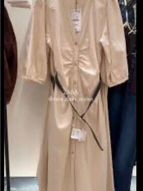 Zara Cream Button-Front Midi Dress with Ruched Front